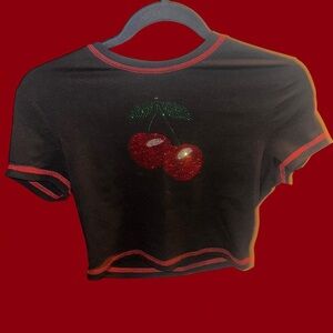 Black cropped baby tee with cherry design
